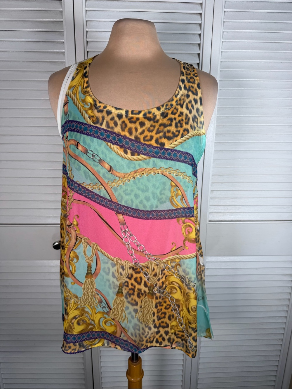 Toska Leopard Chain Print Mesh Sleeveless Tunic Top Open Back